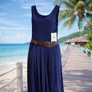 Calvin Klein Navy Tank Midi Dress Size 12 NWT Handkerchief Hem Belted Summer Sun